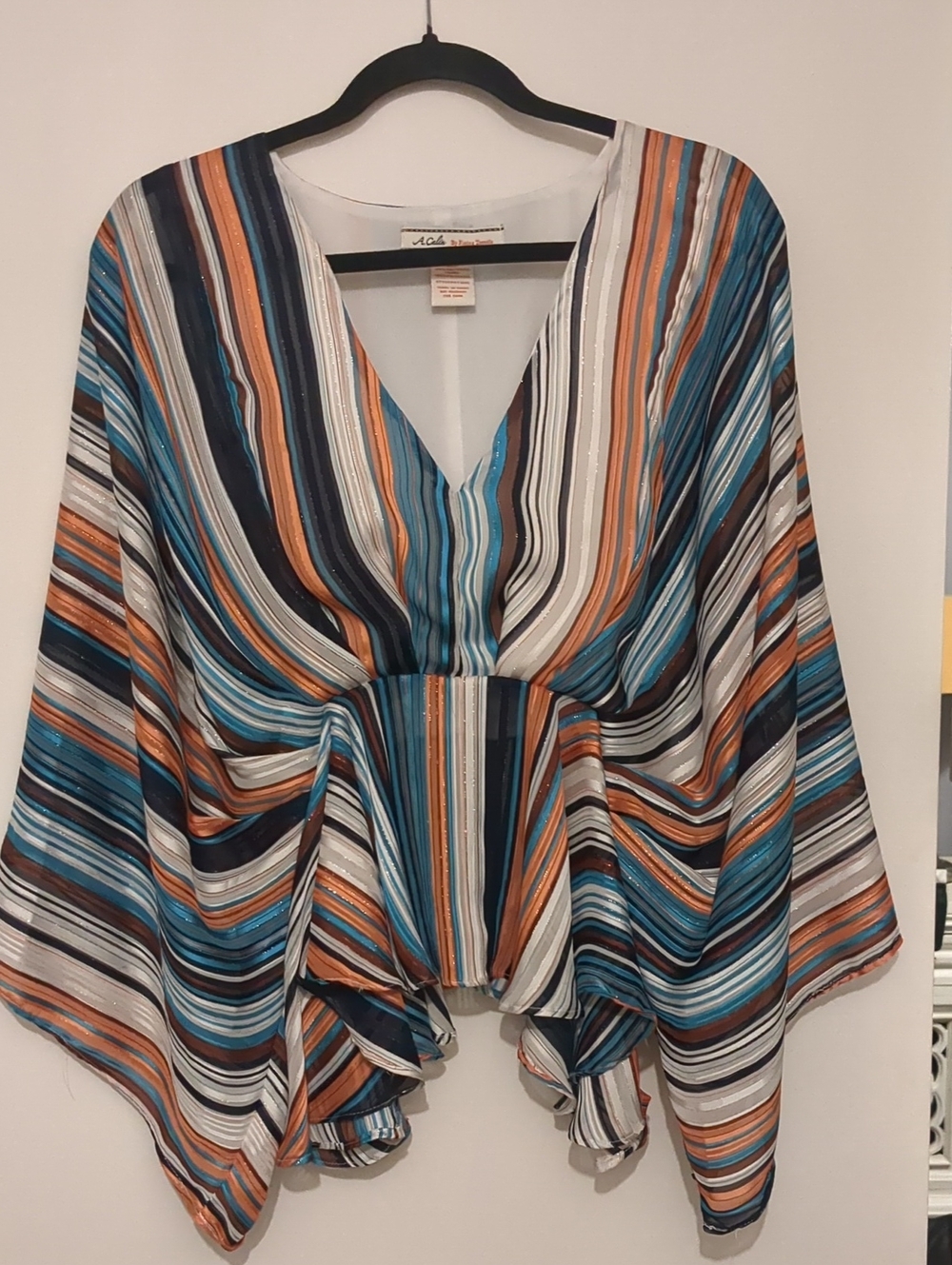 A Calin Striped V-Neck Flutter Sleeve Top - Multicolor Sz med